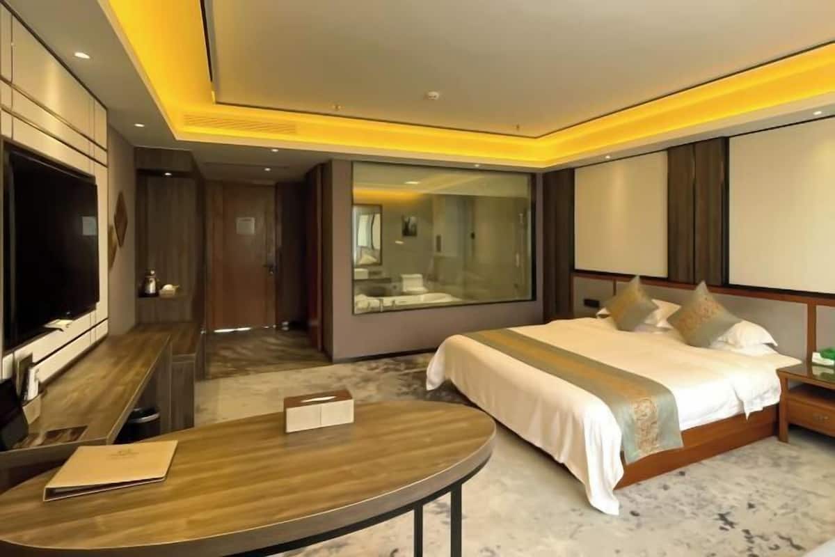 Una habitación de hotel moderna con una cama grande, un televisor, una mesa de madera y un panel de vidrio.