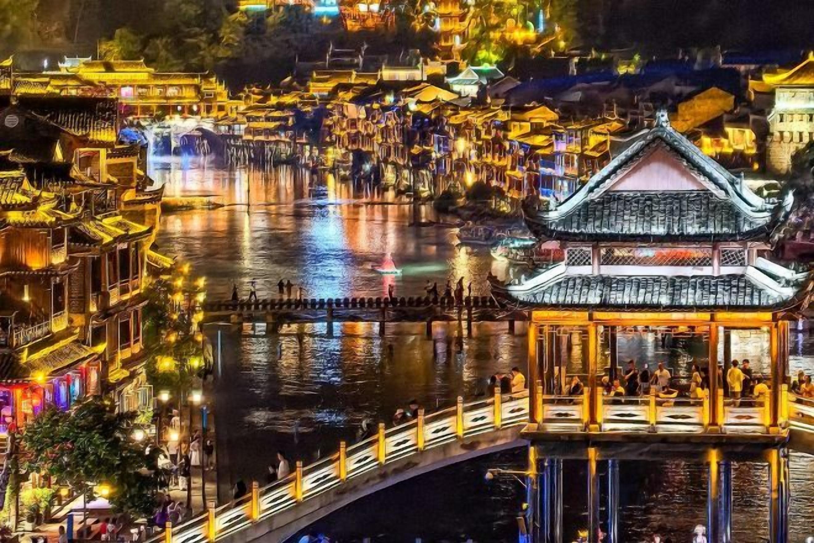 Une ville chinoise traditionnelle construite sur l’eau, avec des bâtiments illuminés et un pont.