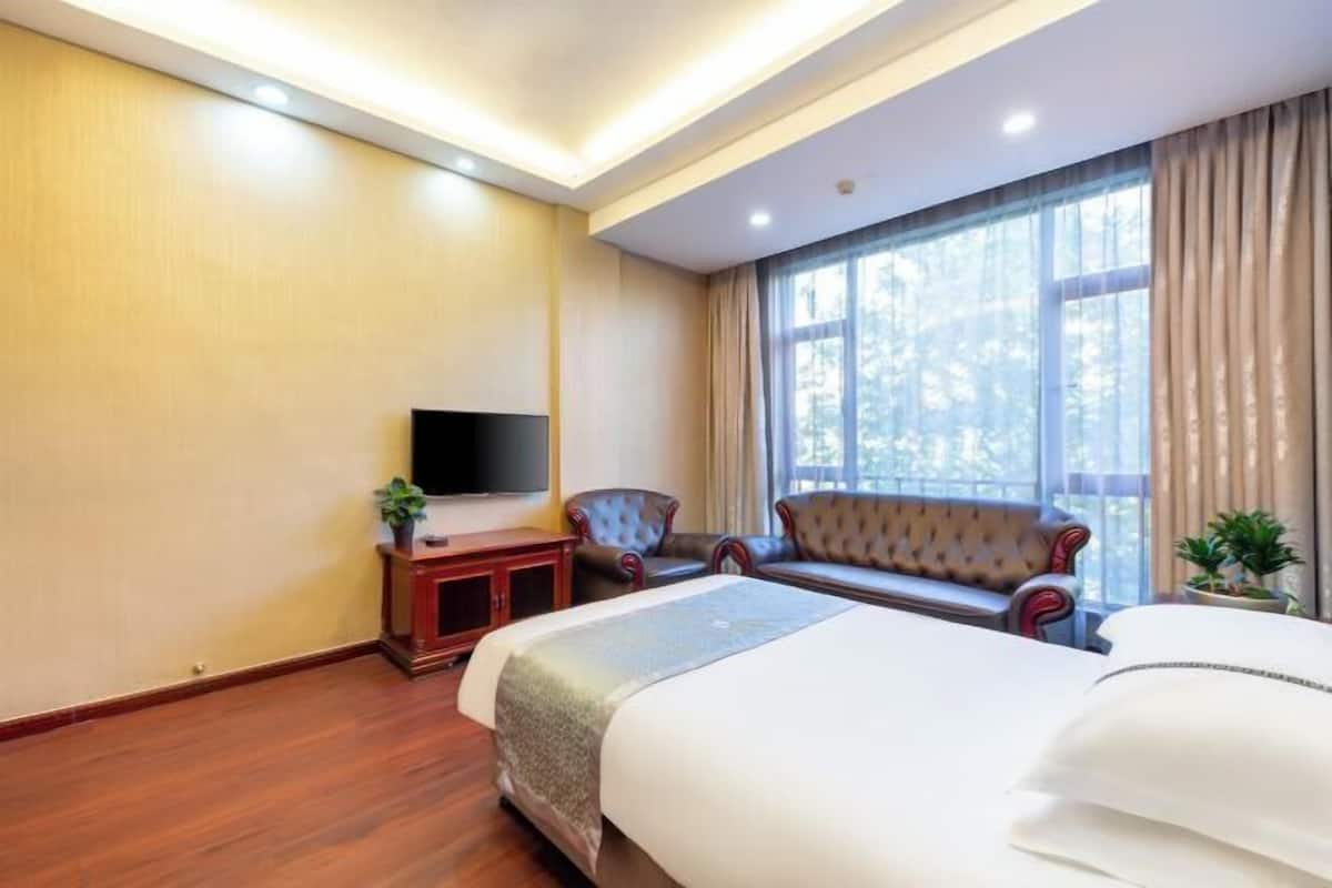 Une chambre d’hôtel avec un grand lit, une télévision, un canapé et une fenêtre avec des rideaux.