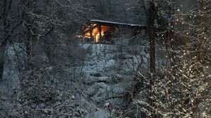 Paisagem coberta de neve com um edifício parcialmente escondido por árvores.