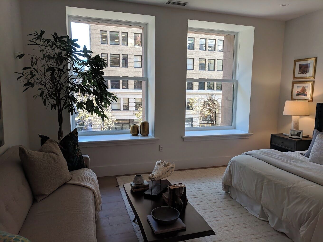 A modern bedroom with two beds, a large window, a potted plant, and a bedside table with a lamp.
