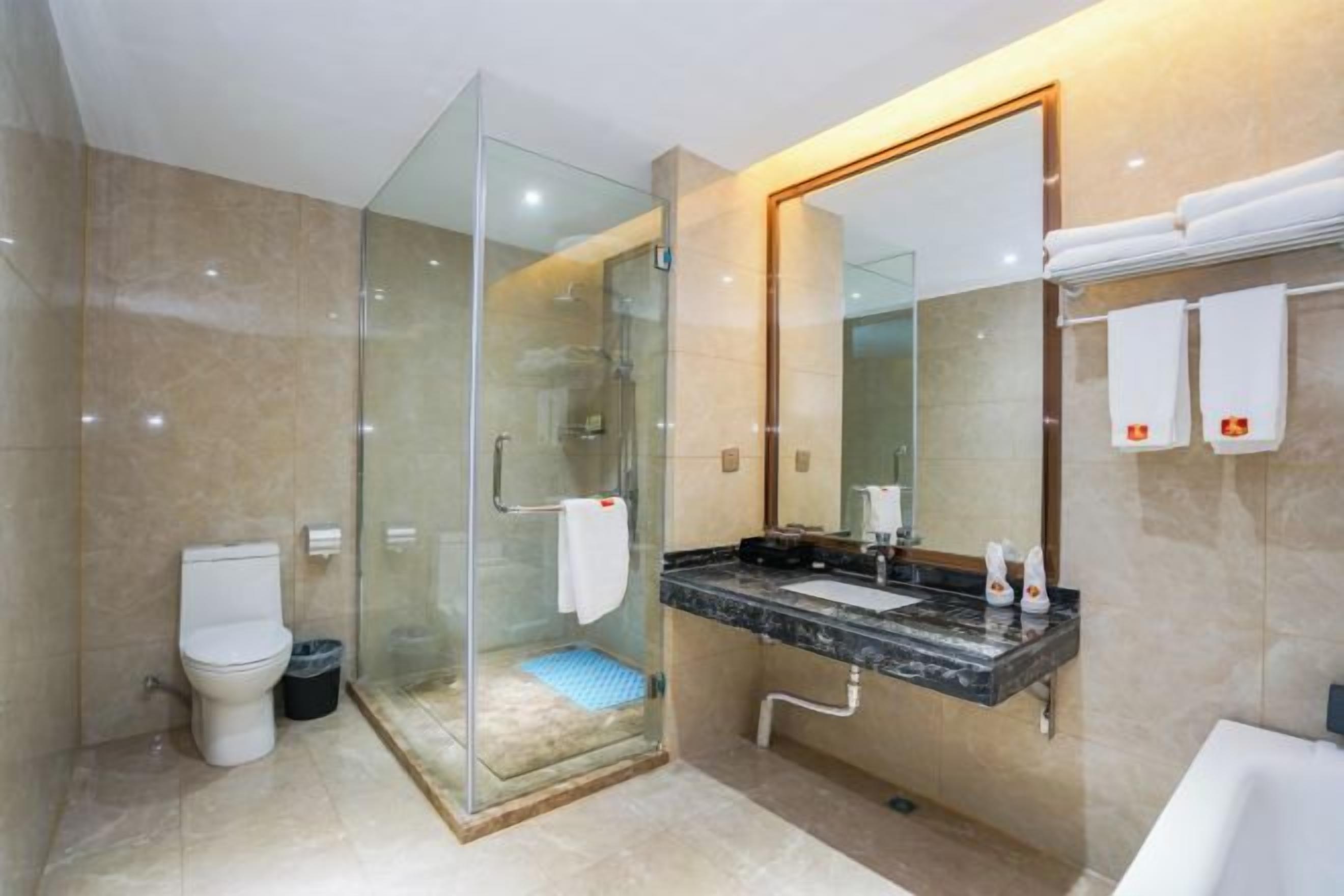 A modern bathroom with a glass-enclosed shower, a toilet, a sink with a marble countertop, and a large mirror.