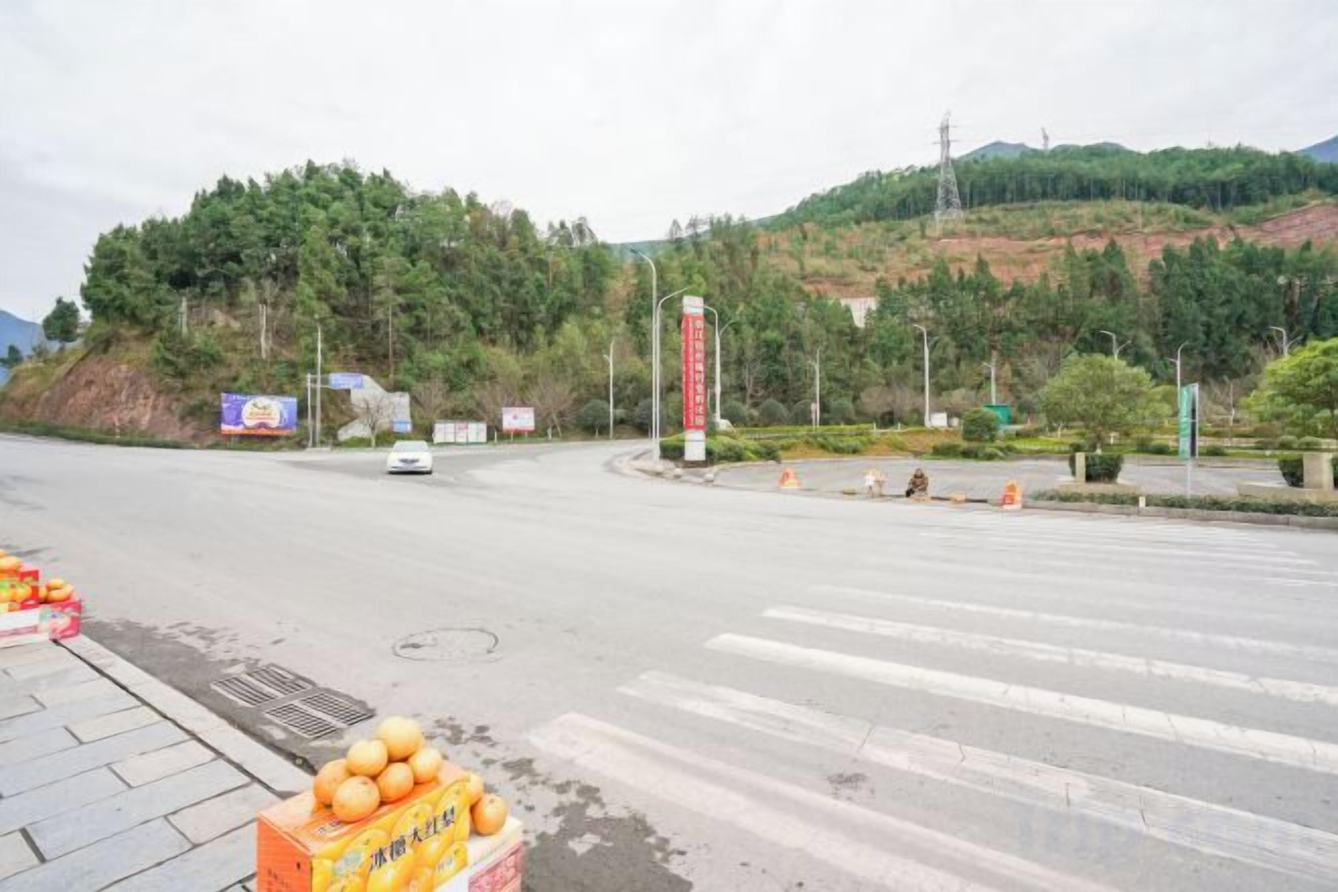 A road intersection with a pedestrian crossing, a traffic island, and a signpost.