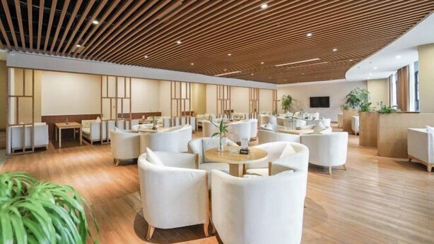 Un'ampia hall con arredi moderni, soffitto in listelli di legno e una reception.