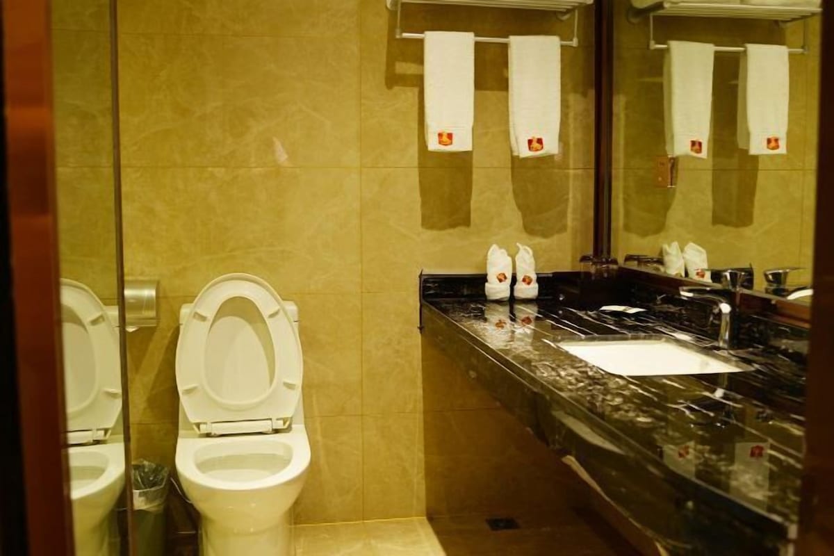 Ein Badezimmer mit zwei Toiletten, einem Waschbecken und einem Spiegel.