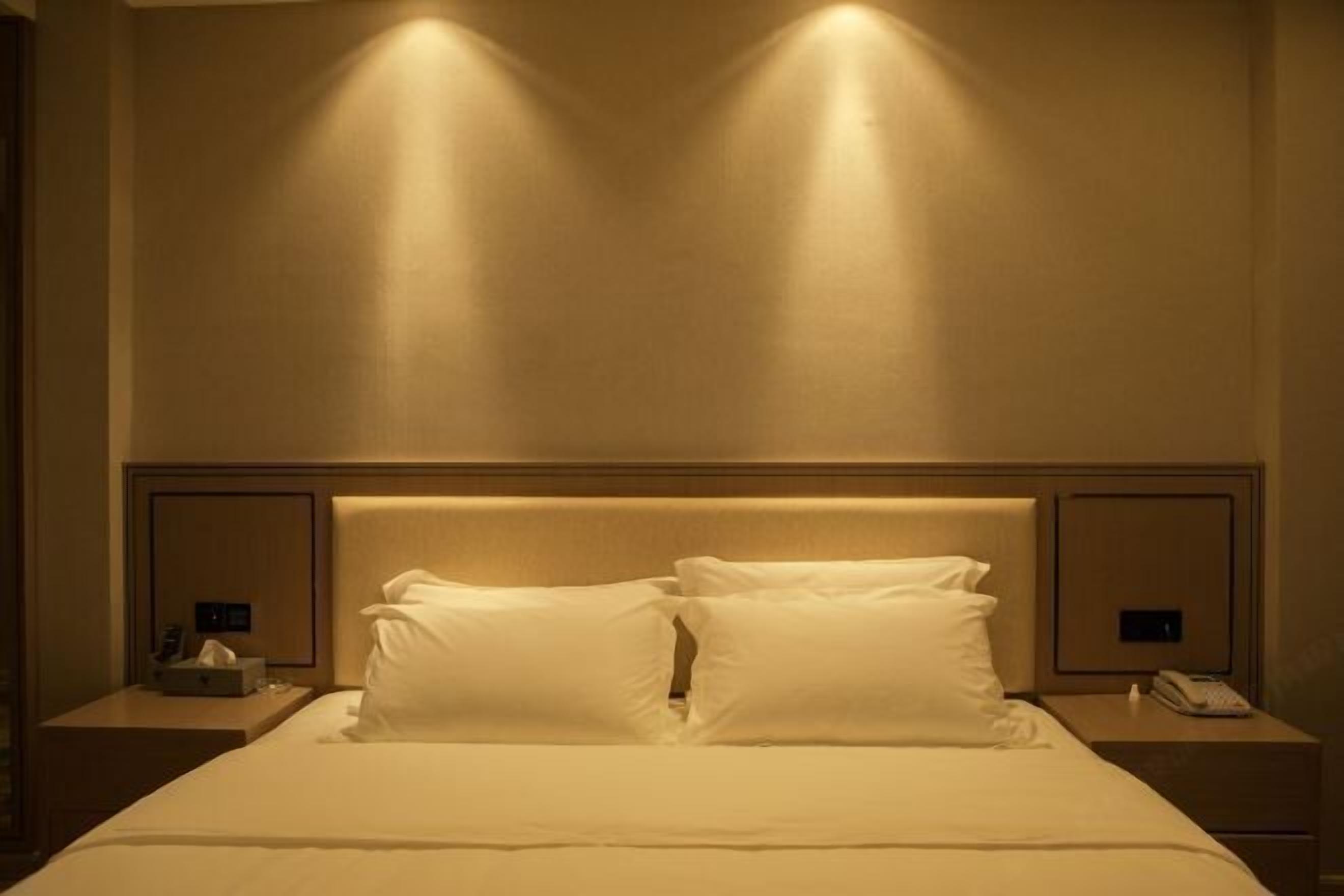 Een hotelkamer met een groot bed, twee nachtkastjes en een hoofdeinde met ingebouwde verlichting.