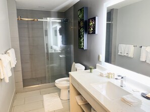 Douche, séchoir à cheveux, serviettes fournies, savon