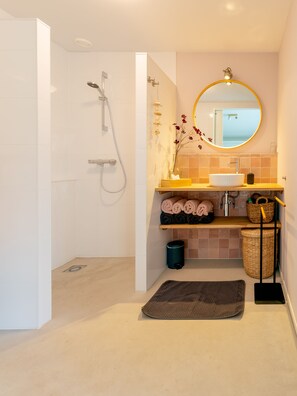 Douche, séchoir à cheveux, serviettes fournies