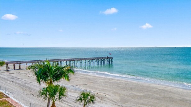 A beach with a pier extending into the ocean, palm trees, and a clear sky.