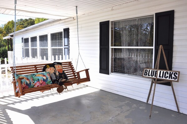 A porch with a wooden swing and a sign that reads "BLUE LICKS."