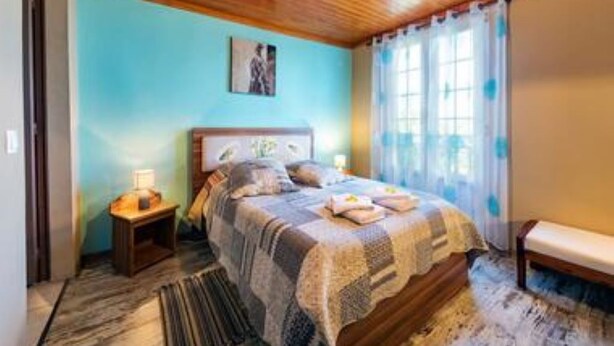 A bedroom with a wooden ceiling, a bed with a patterned blanket, a bedside table with a lamp, and a window with curtains. - Sea view house (bois de nèfles st paul)