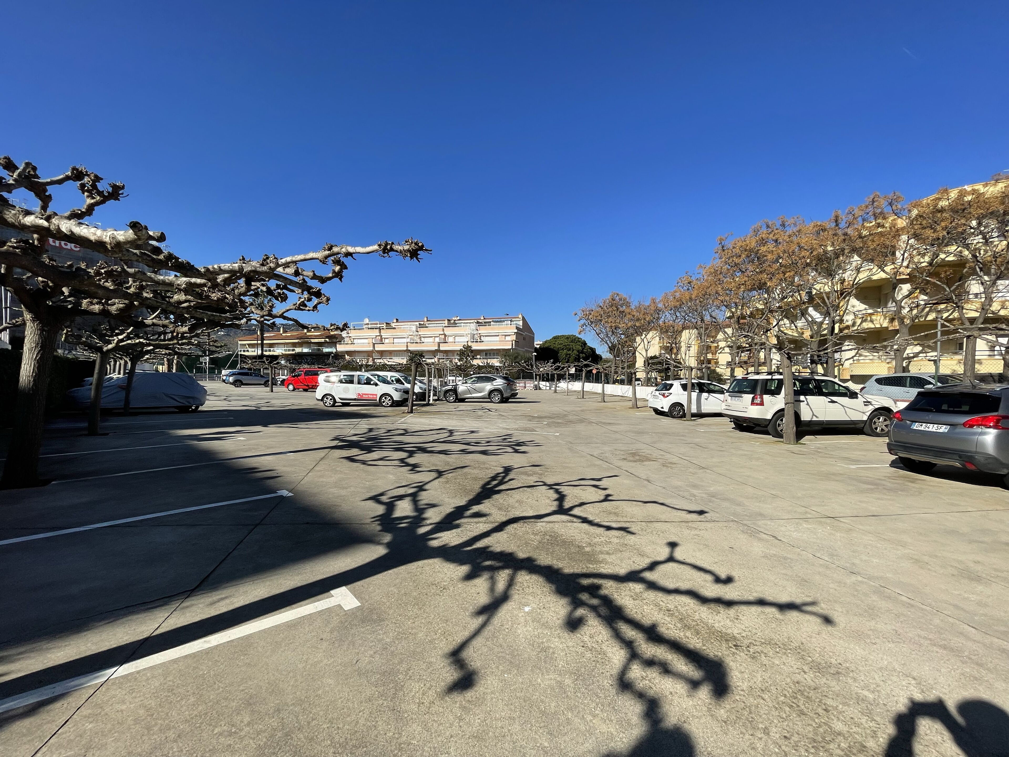 A parking lot with several cars, trees, and buildings in the background.