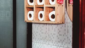 Shower, towels, toilet paper