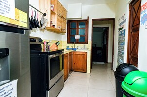 Full-sized fridge, microwave, oven, stovetop
