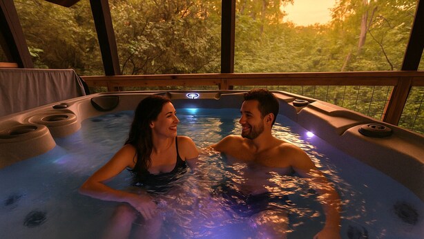 A hot tub with a view of trees through large windows. - Connects to Table Rock/Mountain View/Gigabit Wi-Fi/Covered Parking/Private Trail (Pickens)