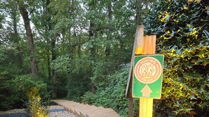 A hiking trail sign with an arrow pointing upwards, surrounded by lush greenery and a wooden pathway. - Connects to Table Rock/Mountain View/Gigabit Wi-Fi/Covered Parking/Private Trail (Pickens)