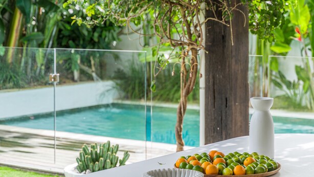 Une table placée au bord de la piscine, avec un saladier de fruits et un cactus.