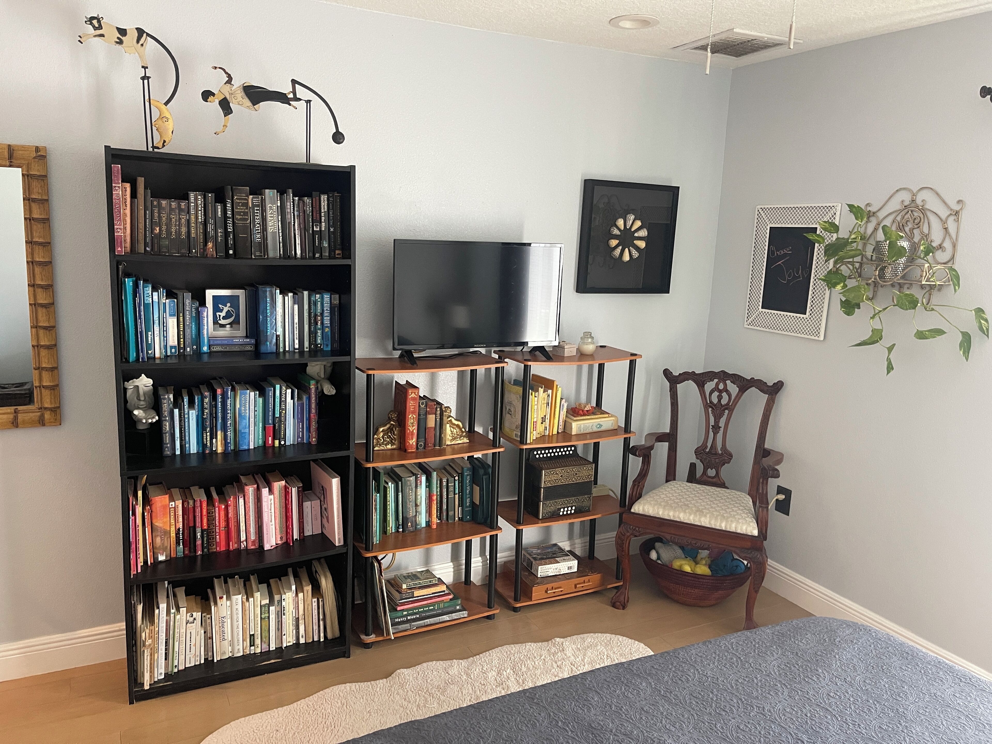 A living room with a bookshelf, a television, a decorative chair, and a wall with a clock and a plant.