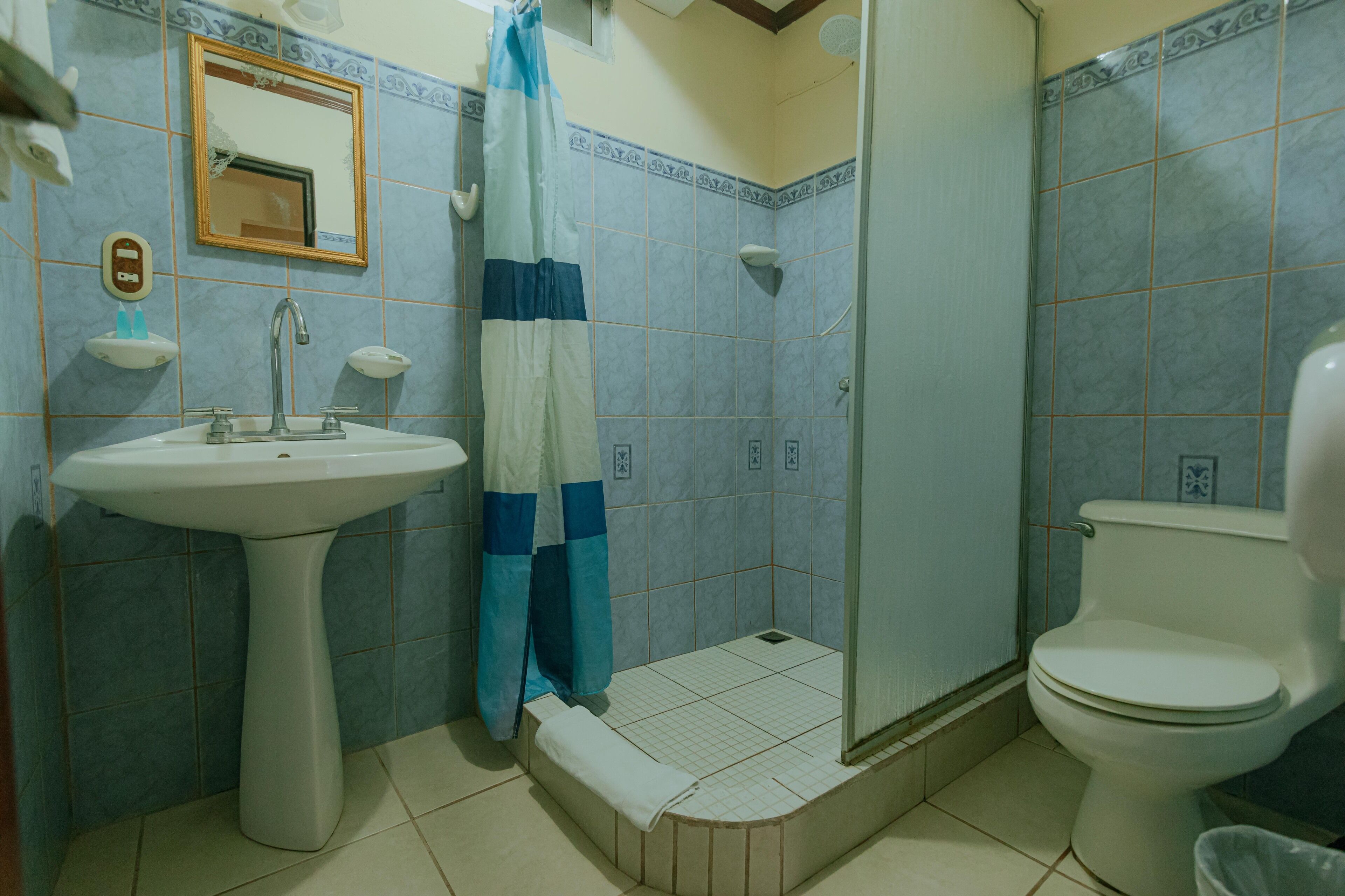 Un baño con lavamanos pedestal, inodoro y zona de ducha.