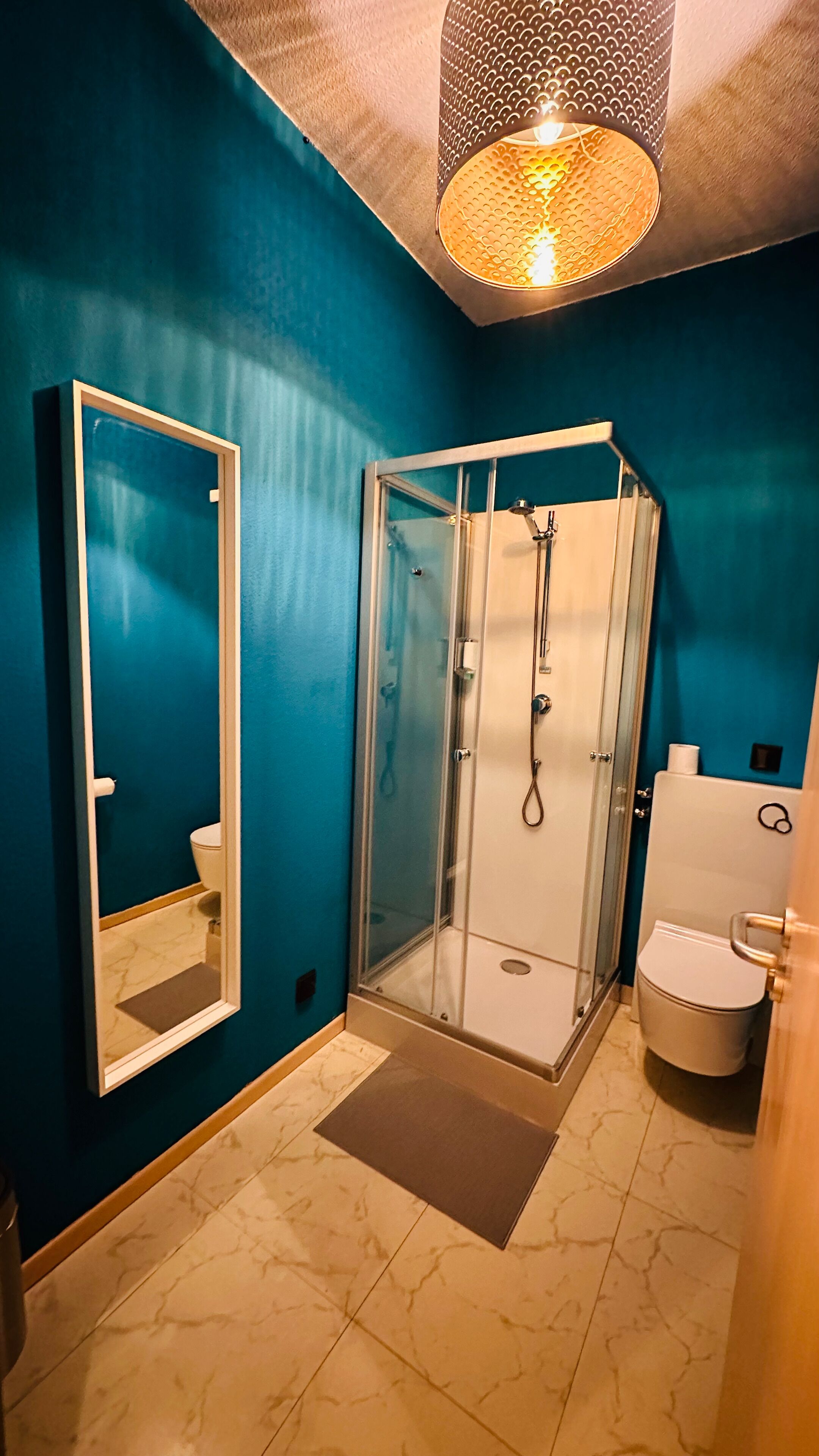 Ein Badezimmer mit Duschkabine aus Glas, Toilette und Spiegel.