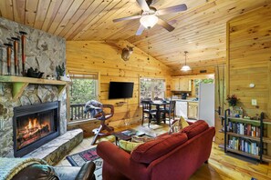 Smart TV, chimenea y libros 