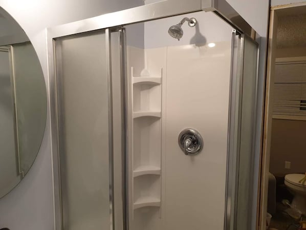 Shower, towels, toilet paper