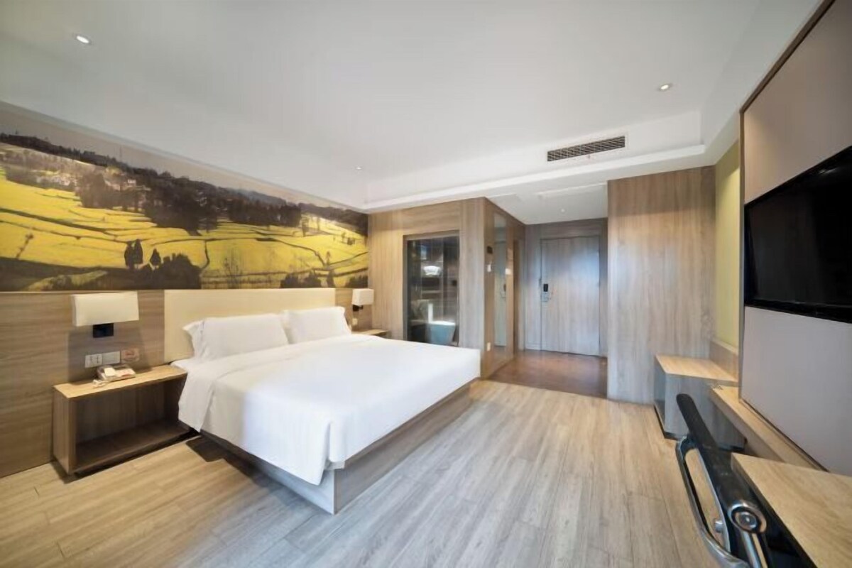 A modern hotel room with a large bed, bedside tables, a flat-screen TV, and a mural on the wall.