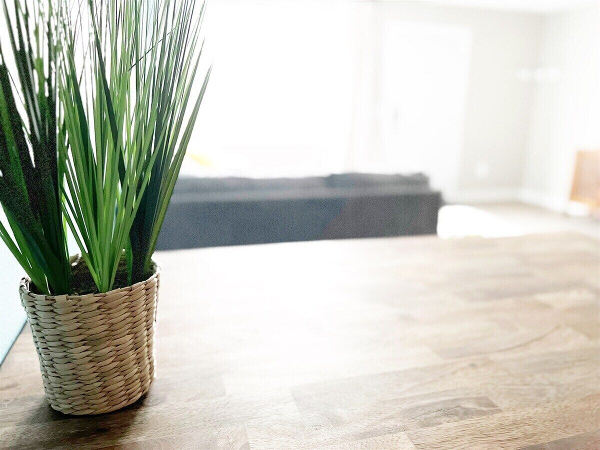 A woven basket containing green plants on a wooden floor.