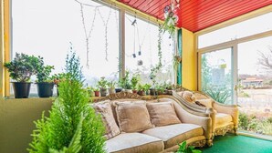 Una habitación acogedora con sofá y plantas en macetas, ventanas amplias y vistas al exterior.