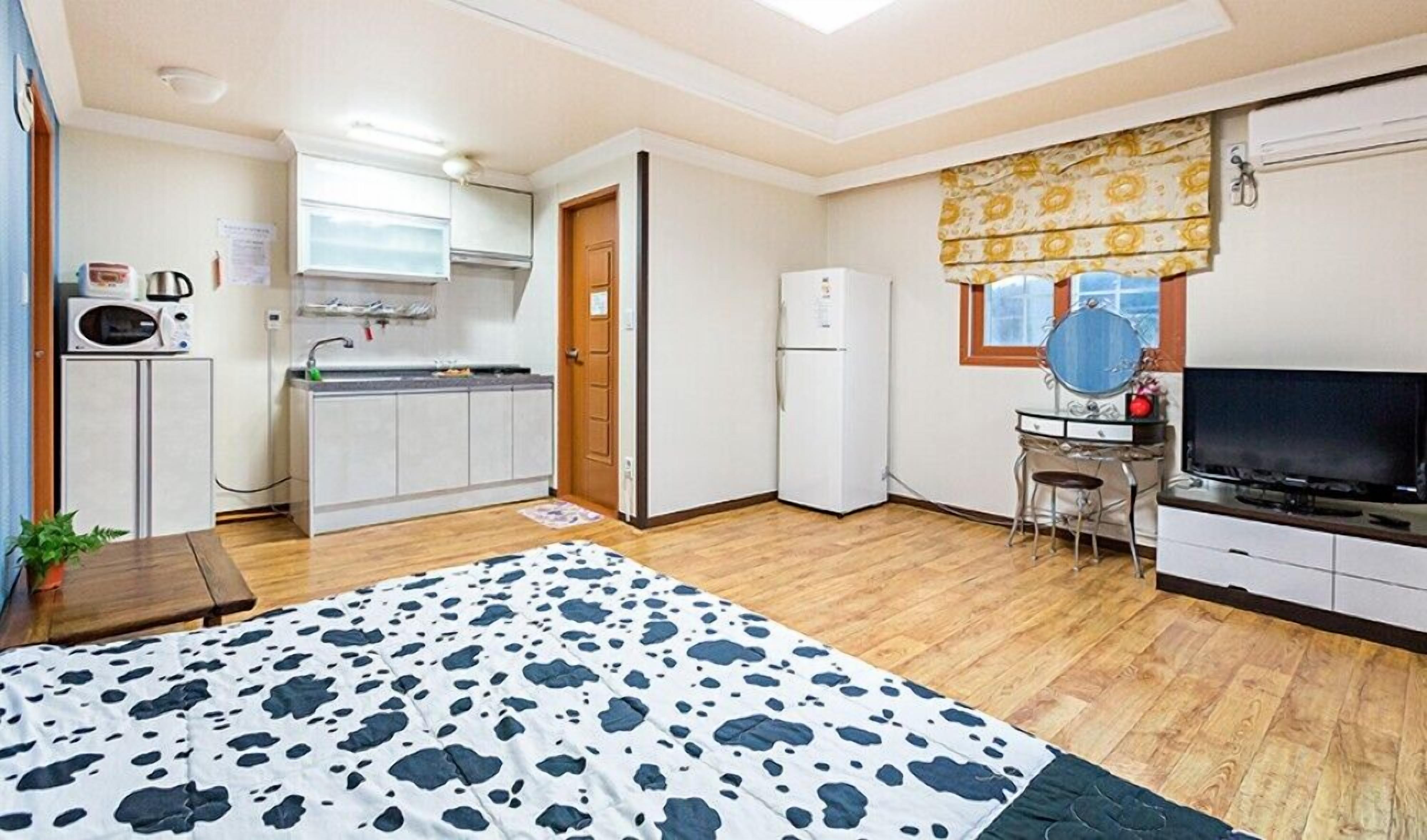 A compact room with a bed, kitchenette, and a TV.