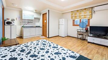 A compact room with a bed, kitchenette, and a TV.