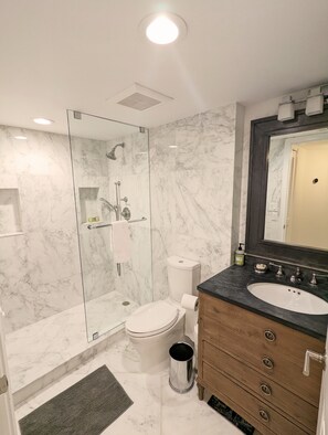 Regadera, secadora de cabello, toallas, jabón 