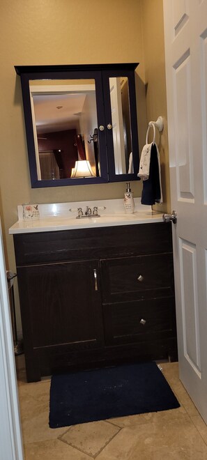 Hair dryer, towels, soap, shampoo
