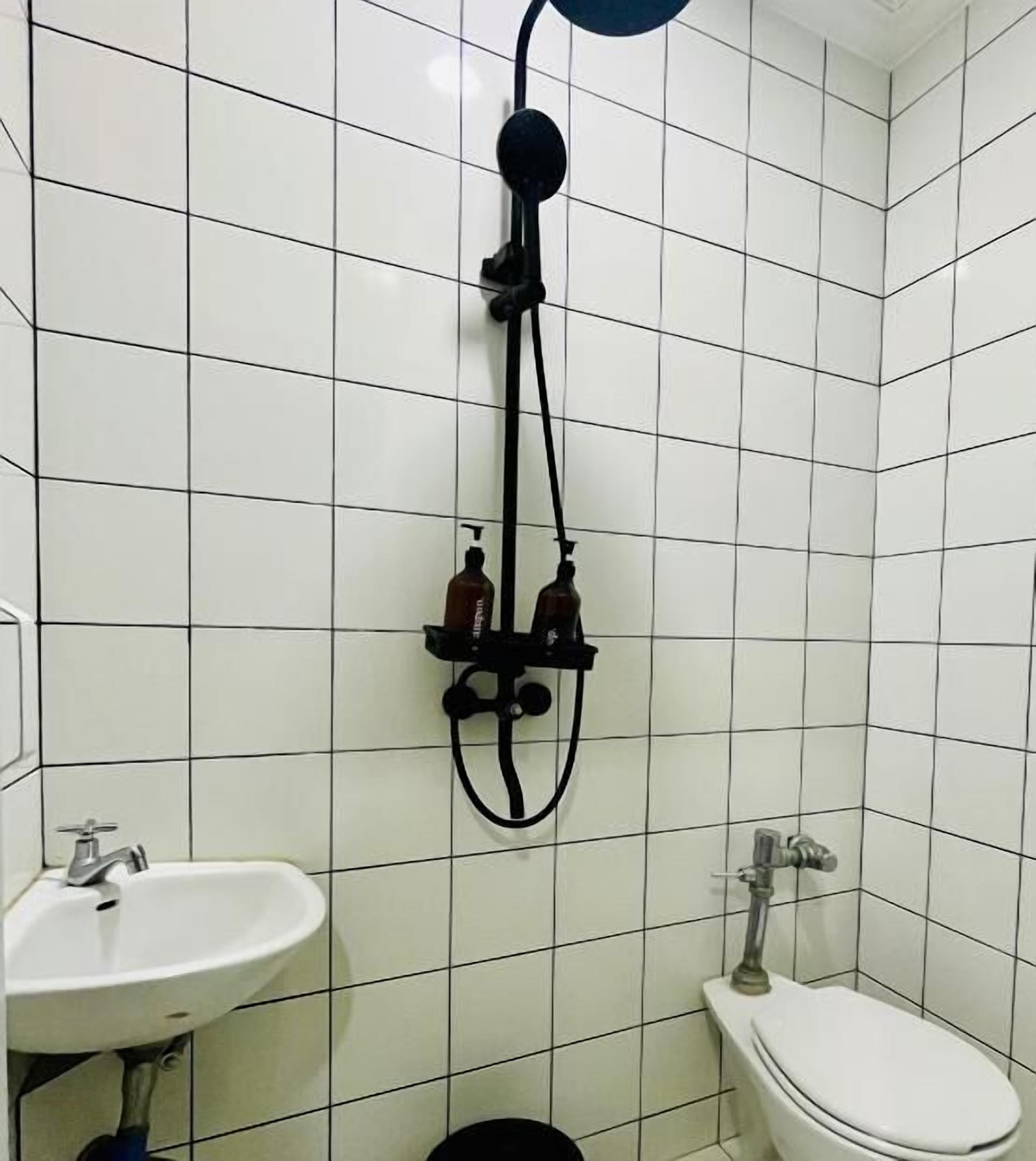 A bathroom with white tiled walls, a white sink, a toilet, and a shower with a black hose.