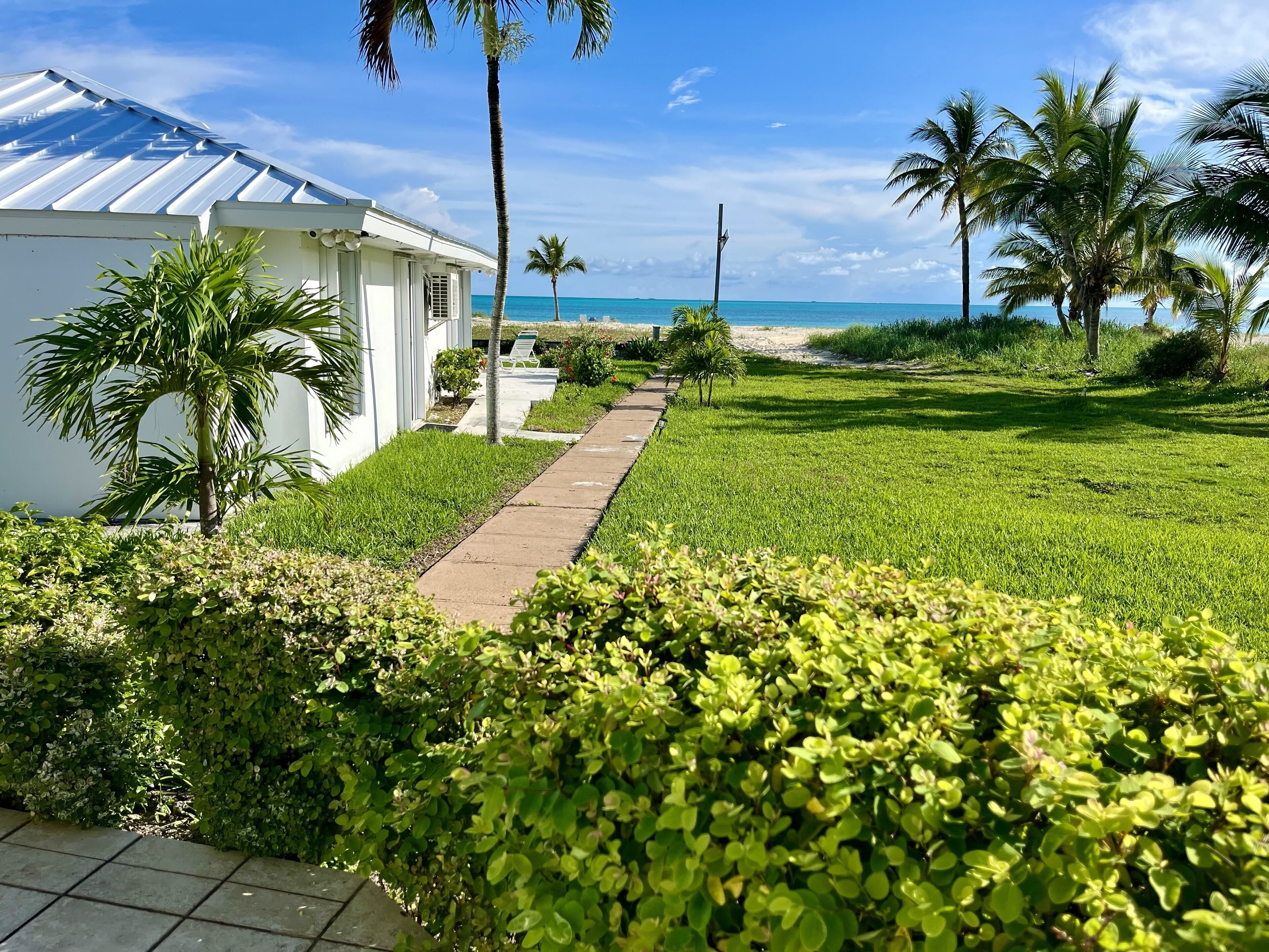 A pathway leading to a white building with a metal roof, surrounded by lush greenery and palm trees, overlooking a beach.