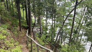 A wooden staircase leading down to a body of water, surrounded by dense greenery and trees. - Mackinney Camp - Limit 8 4 Bedroom Cottage by RedAwning (Standish)