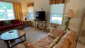 Un salon comprenant un canapé, une table basse, un téléviseur et un ventilateur de plafond.