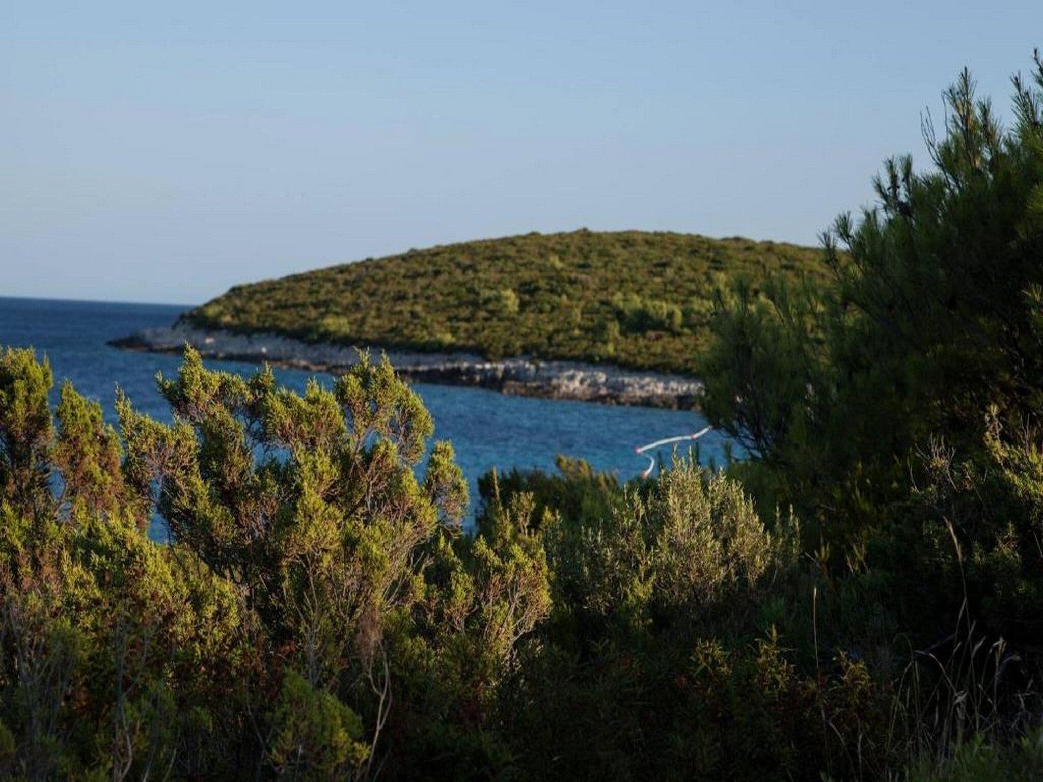 A coastal landscape with a small island, dense greenery, and a clear blue sea.