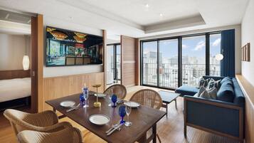 Terrace Suite (Bath with view, lounge access, free minibar) | Premium bedding, down comforters, in-room safe, blackout drapes