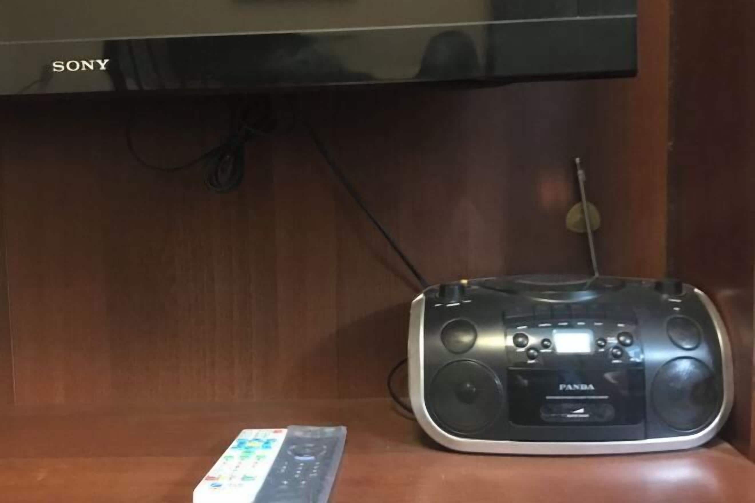A Sony TV mounted on a wall, a black radio with a 'PANBA' label, and a remote control on a wooden surface.