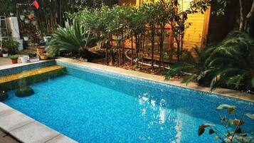 A swimming pool with a tiled edge, surrounded by various plants and trees.