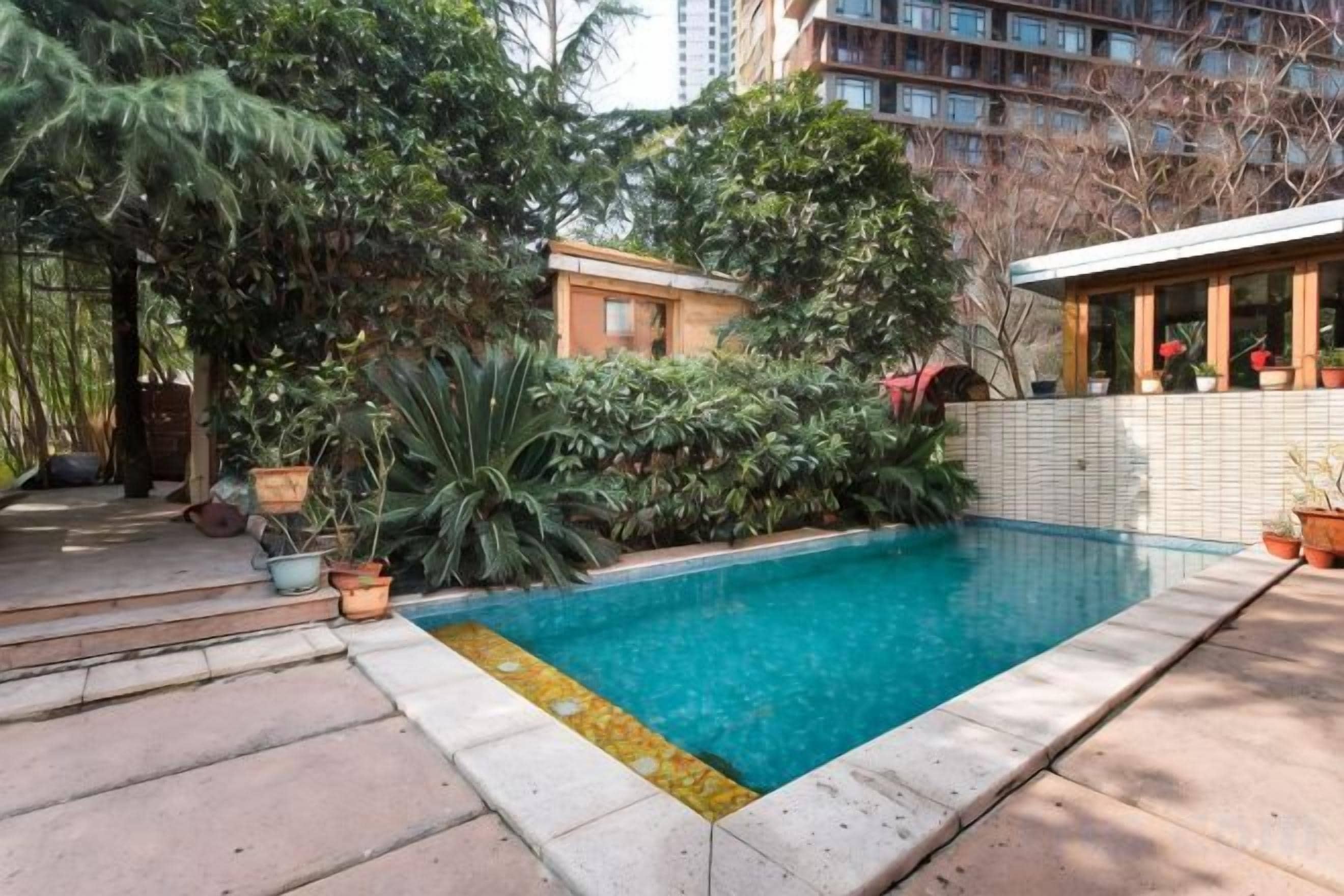 Una piscina rodeada de macetas con plantas y una pared con azulejos.