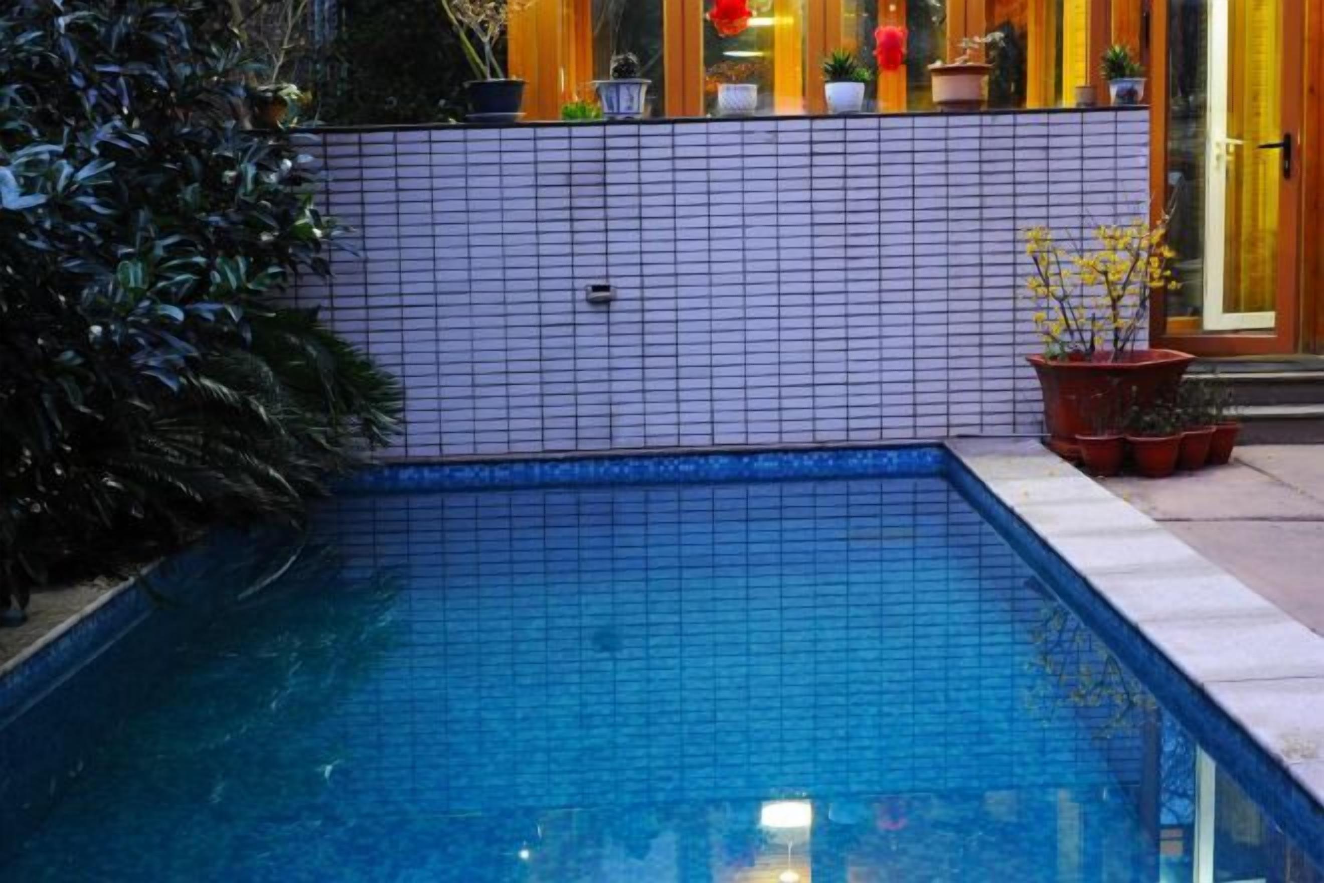 Piscina com borda revestida em azulejo, rodeada por vasos de plantas e uma parede de azulejos.
