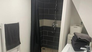 A small bathroom with a shower, a toilet, and a sink. - T1 in Blaye (Blaye)