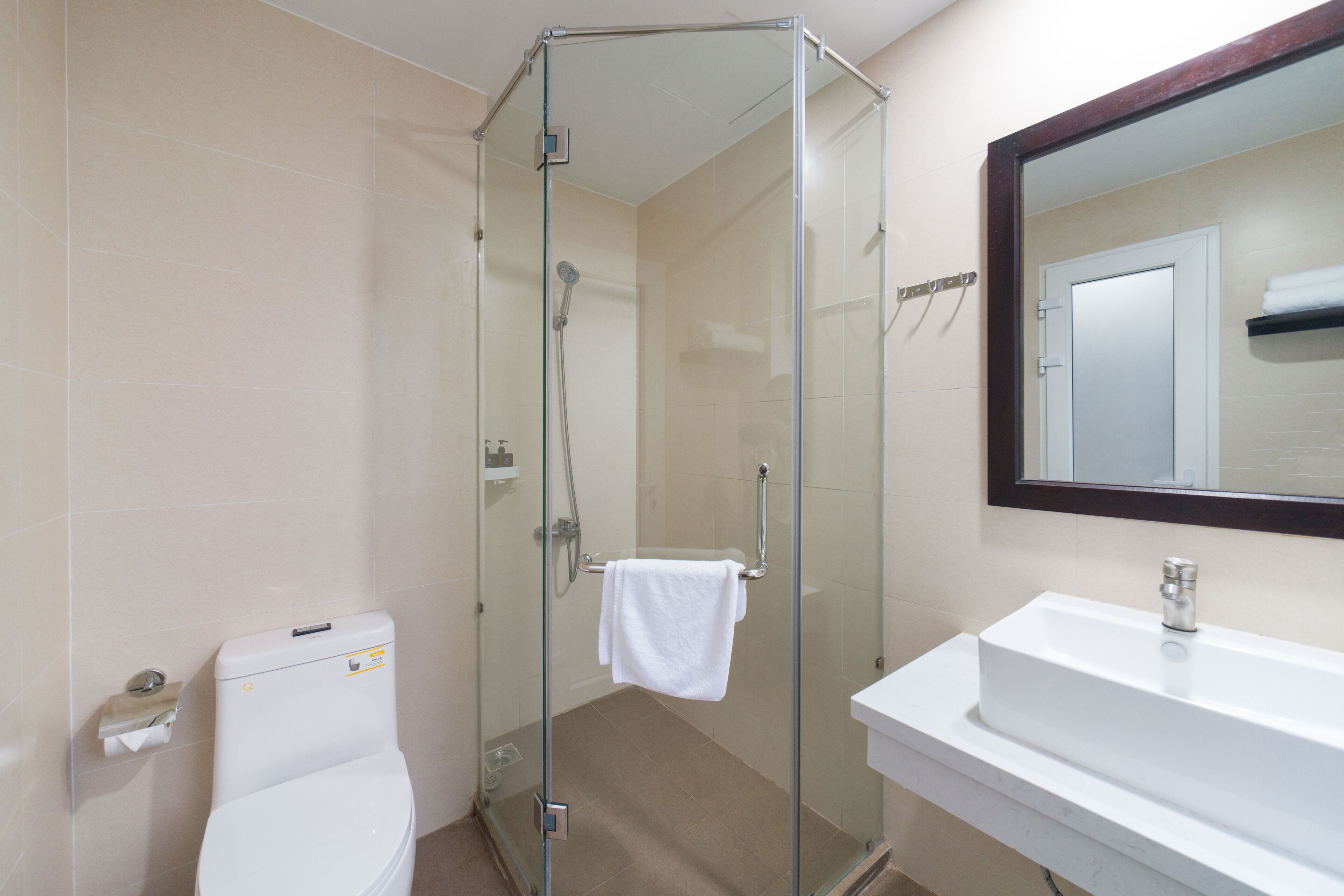 A modern bathroom with a glass-enclosed shower, a white sink, and a mirror above the sink.