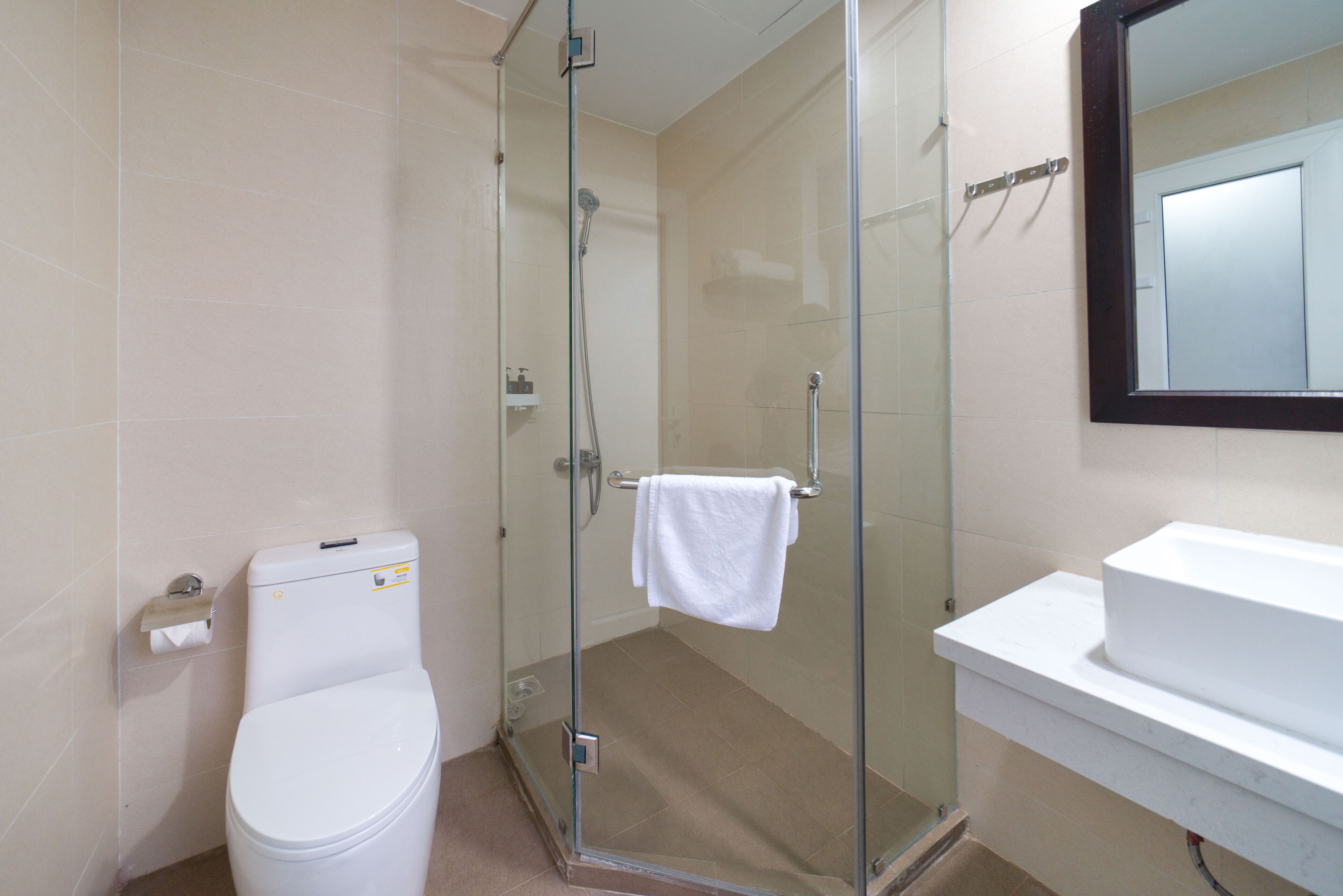 A bathroom with a glass-enclosed shower, a white toilet, and a sink with a mirror above it.