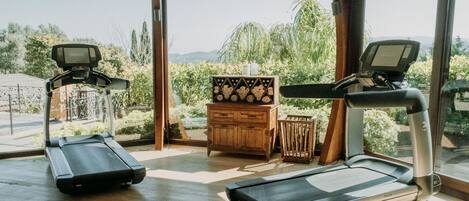 A home gym with two treadmills, a wooden cabinet, and a view of greenery and mountains through large windows.
