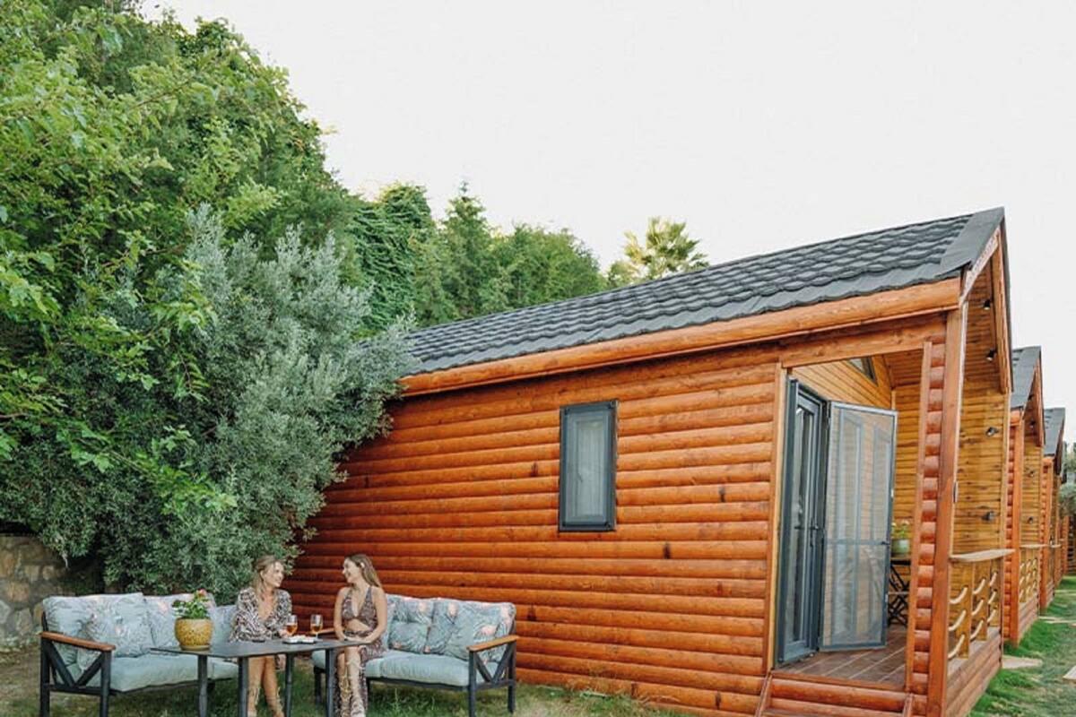 A log cabin with a patio area, a dining table, and two sofas.