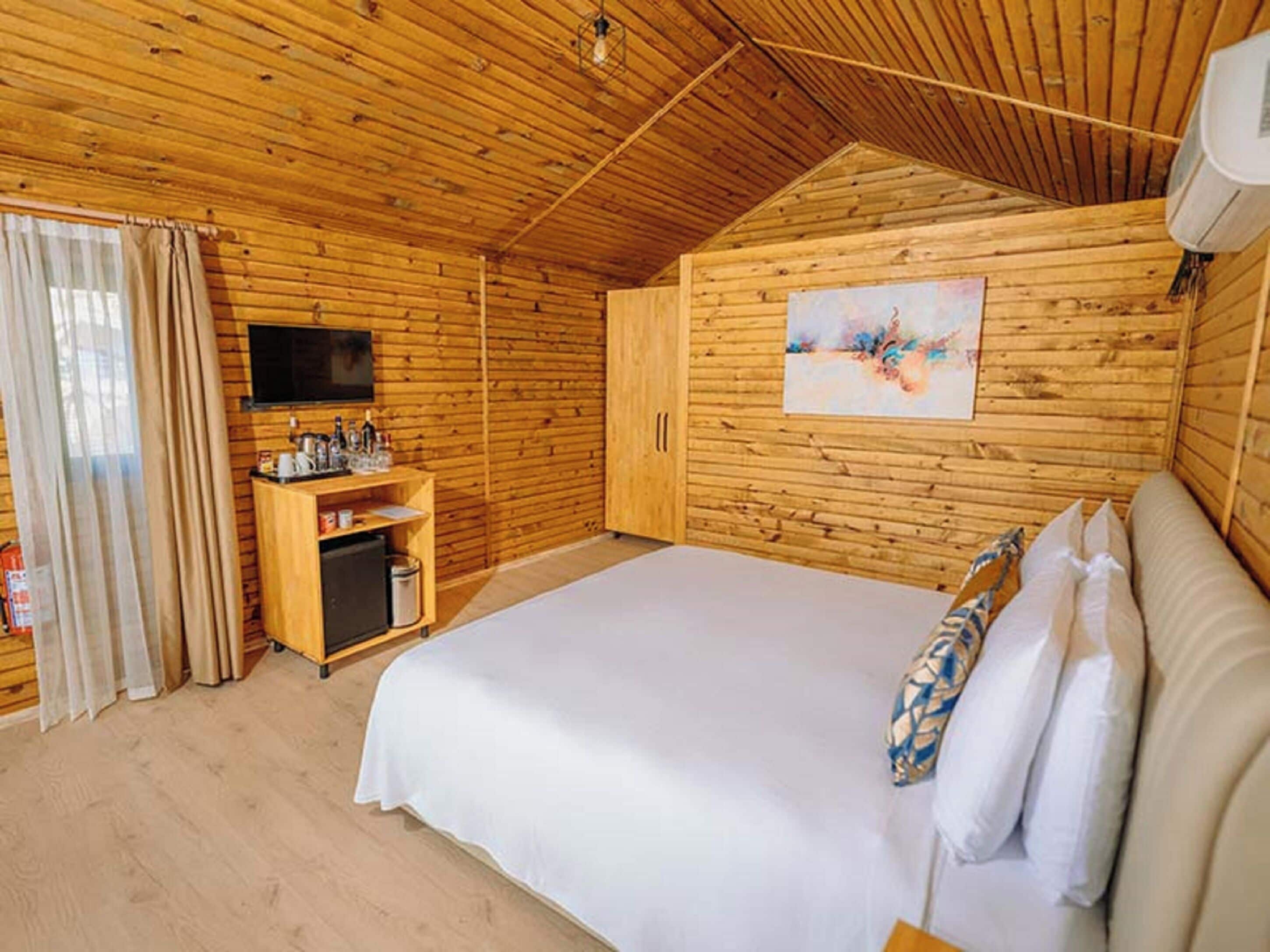 Une chambre rustique en bois, avec un lit, une télévision, une petite table sur laquelle sont posées des bouteilles, et un tableau accroché au mur.