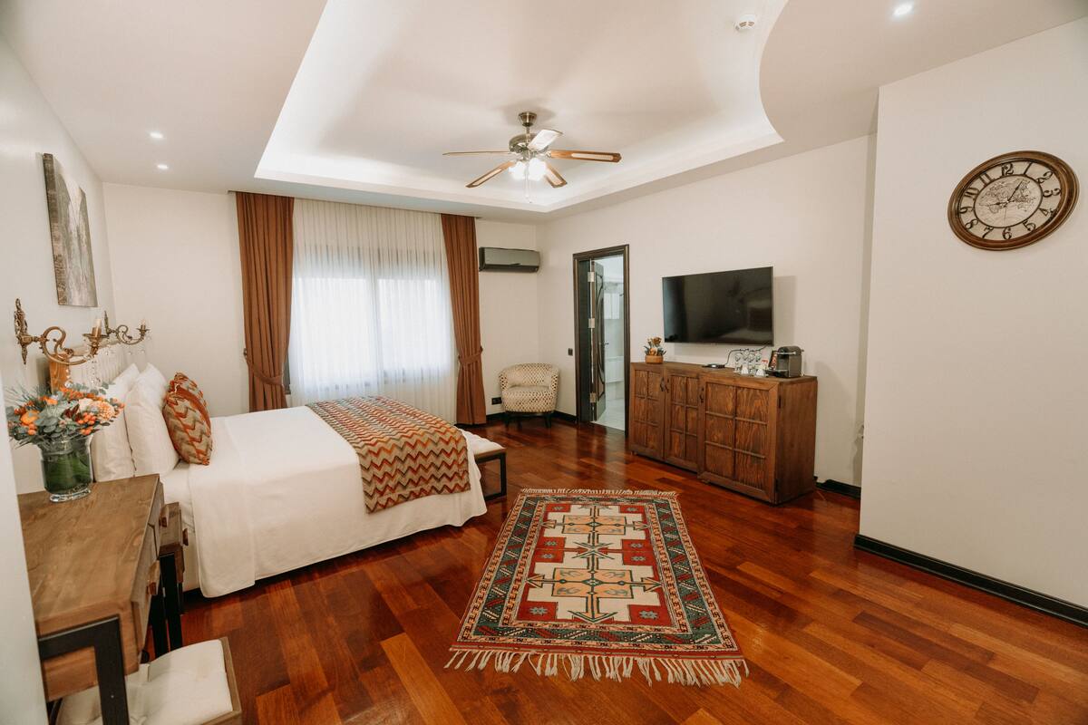 A bedroom with a bed, a TV, a wooden cabinet, a ceiling fan, and a rug.